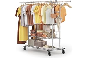 HOKEEPER Schwerlast Kleiderständer auf Rollen, Doppelter Kleiderstange, bis 283 kg belastbar, Industrie-Design, Garderobenständer mit Ablage& Wäschekorb,ausziehbare Länge und Höhe,Chorm