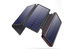 iPosible Solar Powerbank 26800mAh mit 4 Faltbar Sonnenkollektoren und 2 USB-Ausgang Externer Akku Tragbare Solarladegeräte, Power Bank für Telefon Tablets Außen Wandern Camping-Schwarz Rot