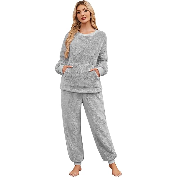 Niwicee Pyjama voor dames, lang, winter, thermische pyjamaset, fleece, huispak, behaaglijk, warm, flanel, nachtkleding, tweedelig, wollig, loungepak met sweatshirt en broek, Polar PjS, lila, XL