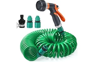 KULAMO Tuyau d'Arrosage Extensible 15m, Tuyau d'Arrosage Spirale avec 8 Modes Pistolet d'arrosage, Pistolet Arrosoir pour le Lavage des Voitures, les Jardins, les Plantes, les Animaux domestiques (15 M)