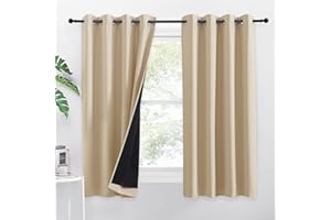 PONY DANCE Cortinas Salon Modernas 2 Piezas Cortinas Cortas para Ventanas 100% Opacas Termicas Aislantes Frio y Calor para Cocina Comedor con Ojales, 140x145 CM, Beige Oscuro