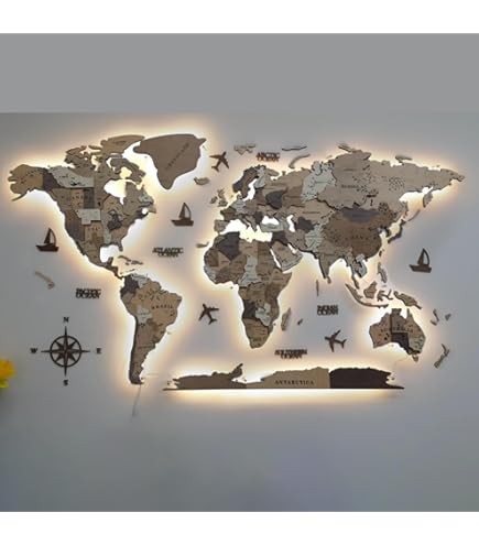 Colorfull Worlds 3D houten wereldkaart, meerlagige reiskaart met staten