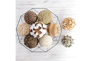 CIR OASES Multi-Material tri-Colour Decorative Ball 9 Balls, Natural Rattan Weaving Ball, Cotton Ball, Used for vase Bowl Filling, Table Decoration (Brown))