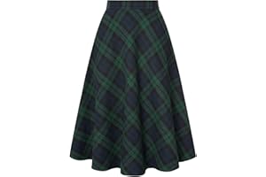 Belle Poque Women's Plaid Skirts Vintage High Waisted A-Line Midi Skirt with Pockets Versatile Pleated Skirts for Women