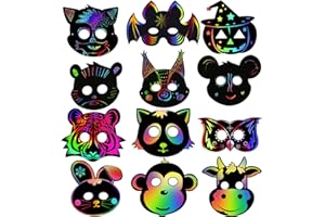 LAMEK 24 pezzi Maschera da Grattare per Bambini, Maschere di Animali di Carta da Grattare, Maschera da Grattare con Bastone e Corda per Natale Halloween Costume Bambino Festa Compleanno Artigianato