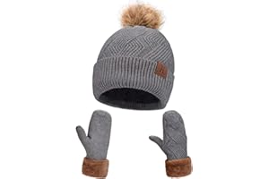 Maylisacc Ski Bonnet et Mitaine Tricotés Chauds pour Dames avec Doublure en Polaire Double Couche, Ensemble de Mitaines Bonnets Hiver Femmes avec Pompom Fausse Fourrure