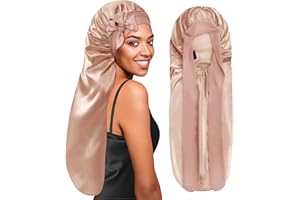 BONNET QUEEN Gorro de Seda para Dormir Ajustables Gorro Saten Pelo Rizado Largo Silk Bonnet con Lazos Largos y Botón Protector Anti-Frizz, Champaña
