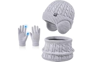 BOYSSPAA Kids Hat Scarf Gloves Set Winter 3 Piece Knitted Warm Beanie with Ear Protection, Neck Warmer and Touchscreen Gloves for Boys and Girls