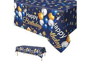 Xinvery Blue Gold Party Tablecloth, Happy Birthday TableCloth Balloons Star Table Covers Plastic Rectangular Tablecloths for Boys Men Birthday Baby Shower 137 x 274cm