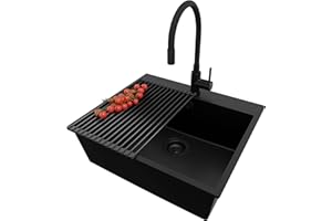 PRIMAGRAN Evier Cuisine en Granit Tout Noir 58x50cm, Lavabo 1 bac + Robinet 40x38cm + Set d’accessoires, Évier à Encastrer al mueble 60cm - Riga S394