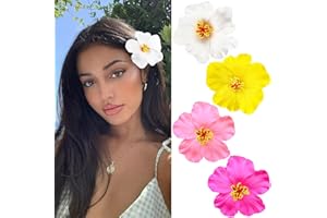Kabwea Lot de 4 barrettes à cheveux en forme de fleurs hawaïennes, hibiscus, barrettes à cheveux en forme de fleur (blanc + jaune + rouge + rose)