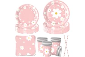 EVYIENEN 50 pezzi di stoviglie per feste, margherite bianche, tovaglioli, cannucce di carta, accessori per 10 ospiti (margherite)