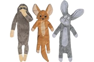 KUSCHELFREUNDE E. U. Kuschelfreunde Hundespielzeug ohne Füllung, Quietschendes Plüschspielzeug für kleine bis mittelgroße Hunde & Welpen (3er Pack Faultier, Fennec Fuchs, Kaninchen)