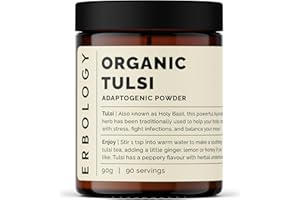 Erbology Organic Tulsi Powder 90g - 90 Servings - Holy Basil - Calm and Mood - Sustainably Sourced Straight from Farm in India - Small Batch - Vegan - GMO-Free - Recyclable Glass Jar