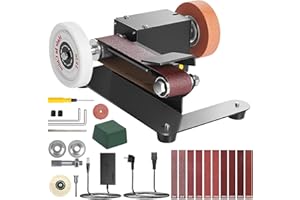 AYOLOFEI Levigatrice a Nastro Elettrica, Affilacoltelli Elettrico a 7 Velocità Regolabili con 10 Nastri Abrasivi e Accessori, per Metallo Legno Artigianato Fai da Te, Affilatura di Utensili e Coltelli