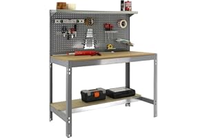 Simon Rack Banco de Trabajo Taller, Capacidad Carga 600 kg, 1445x1510x610 mm, Mesa de Trabajo, Gris/Madera - BT3