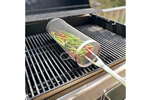 XQMMGO Rolling Grilling Basket,Barbacoa Grilling Basket,Cestas de barbacoa cilíndricas portátiles de acero inoxidable con tenedor largo (20 cm)