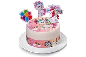 Kardasis Licorne dessus de gâteau avec figurines en papier | Topper comestible pour gâteaux | Décoration de gâteau pour l'anniversaire thème Licorne | 20cm+4 bandes 28x4cm+3 figurines + 1 figurine 3D