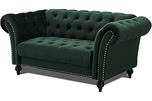 Home Detail Velvet Fabric Chesterfield Sofa Upholstered 1.5 2 & 3 Seater Curved Settee Set Living Room Suite (2 Seat Sofa Only, Green)
