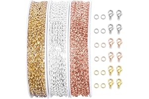 HZAOPZE 3 pcs 15M Chaine Acier Inoxydable Fabrication Bijoux Chaîne de Métal avec 30pcs Fermoirs à Homard et 150 pcs Anneaux de Saut, pour Colliers, Bijoux, Accessoires, Loisirs Créatifs