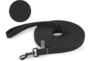 Wolfone 15m Black Waterproof Long Recall Dog Lead with Anti-Slip Handle， Heavy Duty Robust Training Dog Lead for Outdoor Activities