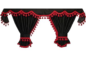 Adomo LKW Gardinen für TGX XXL Fahrerhaus, schwarz-rote Fransen