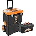 Tool Lab Mobile Rolling Tool Box Kit - 2-Tier Stacking with Pull-Along Handle, Metal Latches, Rugged Wheels, and 12" Tool Box For Workshop, Home and Work - Durable and Portable Storage Solution Orange