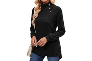 Akiooue Womes Long Sleeve Tops Ladies Jumpers Turtleneck with Fashion Lapel Button Split Tunic Sweatshirt S-XXL