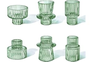 Toptime Pinstripe Glass Candlestick Holders - Set of 6, Reversible for Tealight & Taper Candles, Crystal Green Tea Light Holders for Wedding Dinner Party Celebration