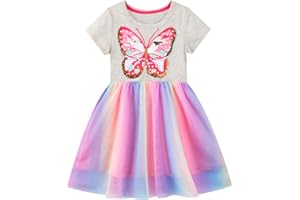 JinBei Robes pour Enfant Fille Paillette Tulle Coton Casual Manche Courte/sans Manches T-Shirt Robe Ete Animal Motif Robes pour Filles 2-7 Ans
