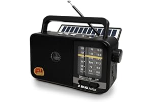 BLIMYSWE Transistor Radio Portatil con Panel Solar y Batería de 1200 mAh, Receptor Am/FM/SW con Altavoz de 8W/TWS/USB/Tarjeta TF, Radio Solar Pequeña Ideal para Camping, Emergencia y Exteriores (Negro)