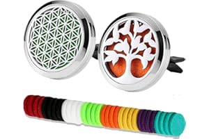 AROMA HOUSE 2 UNIDS Coche Aromaterapia Aceites Esenciales Difusor Ambientador 30mm Acero Inoxidable Negro Locket Vent Clip + 32 unids Almohadillas de Recarga (Flor de la Vida y Árbol de la Vida (Plata A))