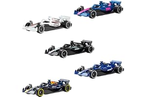 Hot Wheels 5-pack Formel 1-leksaksbilar i skala 1:64 | Set med 5 officiellt licensierade samlarbilar i F1 för lek eller visning, JLN11