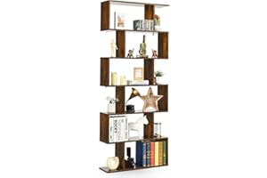 GIANTEX Librería en Forma de S, Estantería para Libros con 6 Estantes, 80 x 23 x 191 cm, Estantería de Almacenamiento Multifuncional, Diseño Antivuelco, para Salón, Estudio (Marrón)