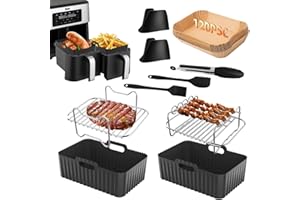 ACVCY Silicone Air Fryer Accessories, Set of 10 Air Fryer Accessories for Ninja Dual AF300UK AF400UK Including Silicone Liners & Dual Air Fryer Racks & Paper Lining & Silicone Gloves & Food Clip