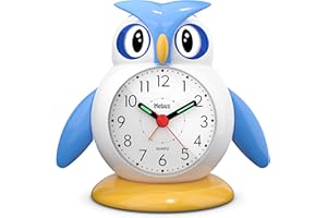 MEBUS kleiner Kinderwecker mit Quarzuhrwerk, Beleuchtung und Schlummerfunktion, öffnet und schließt die Augen, Leuchtzeiger / Motiv: Eule / Modell: 26513