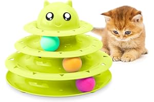 FurDreams Cat Roller Ball Toy Interactive - Green | 3 Tier Tower Fun Ball with 3 Colour Balls | 3 Level Teaser with Play Balls | Puzzle for Exercise and Stimulation