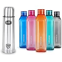 Cello Flip Style Stainless Steel, 1 Litre, Silver & Cello Venice Plastic Bottle Set, 1 Litre, Set of 5, Assorted