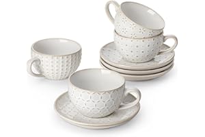 MALACASA Cups with Saucers Set, 6OZ/150ML, Stackable Espresso and Tea Cups Set for 4, Porcelain Small Espresso Coffee Cup Set, White Ceramic Mugs for Latte, Cappuccino and Americano, Serie Lydia