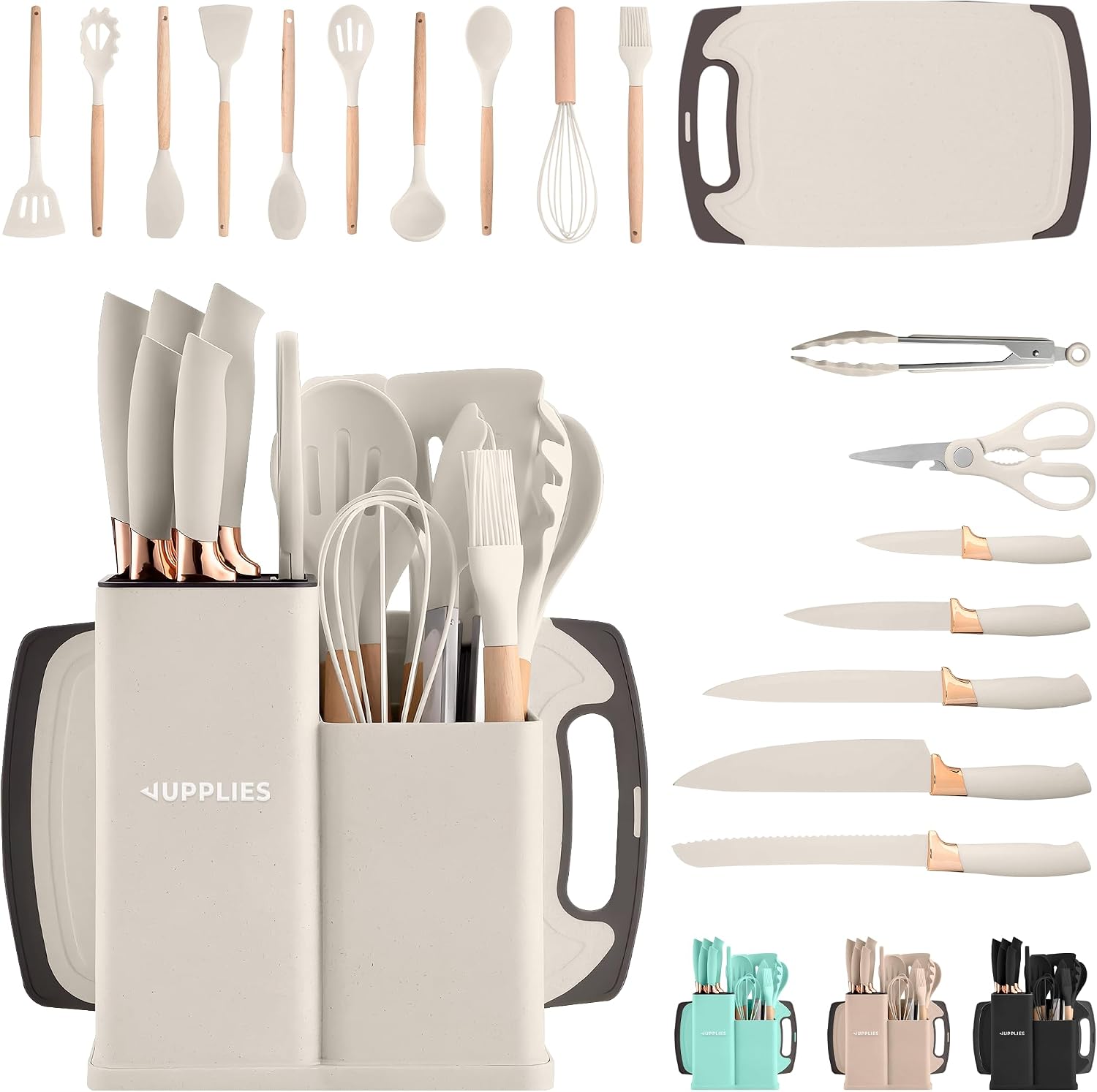 JUPPLIES Juego de Utensilios de Cocina de Silicona 19 Piezas con Cuchillos, Tijeras y Tabla de Cortar – Set Antiadherente Resistente al Calor – Apto para Todas Las Ollas y Sartenes - Beige