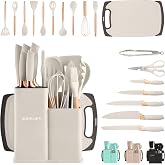 JUPPLIES Silicone Kitchen Utensils Set 19 Pieces with Knives, Scissors and Cutting Board - Non-Stick Heat Resistant Set - Sui