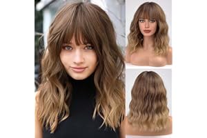 HAIRCUBE Short Charming wavehead con peluca de mujer flequillo naturalmente resistente al calor fiesta de fibra sintética/juego de roles/ropa/peluca diaria (Ombre marrón y rubio)