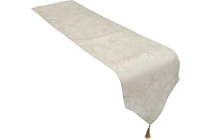 Celebright Christmas Tasselled Table Runner - 13 x 96 Inches (33 x 244 cm) - Ideal Xmas Dinner Table Decorative Settings - Metallic Blizzard Snowflake Embossed Design - Cream & Metallic Gold