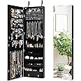 NAFORT Jewelry Armoire Cabinet with Full Length Mirror/ 2 LEDs, 47.5''H Wall/Door Mounted Lockable Jewelry Organizer Cabinet, Frameless Mirror, 2 Drawers,Black