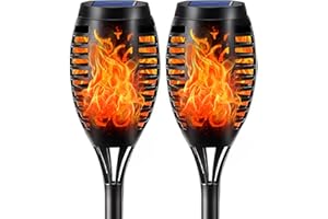 ‎LQWELL LQWELL Latarki solarne do ogrodu zewnętrznego, 2 sztuki, 12 diod LED, realistyczna lampa ścieżkowa z płomieniem, wodoodporność IP65, do trawnika, patio, dziedzińca (2 sztuki)