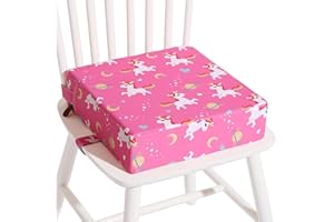TOTIDYH Toddler Booster Seat for Dining Chair, PU Washable Cartoon Toddler Booster Cushion for Dining Chair with 2 Adjustable Straps, Non-Slip Kids Travel Booster Seat for Dining Table (Pink Unicorn)
