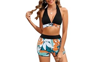 Tuopuda Maillot de Bain Femme 2 Pieces Col V Ensembles Deux Pièces Haute Bikini Set avec Shorts de Plage Taille Haute Imprimé Beachwear
