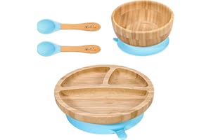 Vinsani Bamboo Bowl, Round Plate and Spoon Set for Baby/Toddler, Suction Plate, Stay-Put Design, Hypoallergenic and BPA-Free (Blue)
