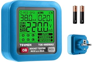 TESMEN TOE-100DMAX Testeur de prise avec affichage du temps de déclenchement RCD, écran LCD rétroéclairé, mesure de tension, fonction de maintien des données (prise UE) - Azul