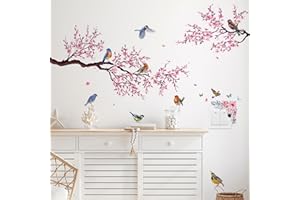 MVPACKEEY 3 Sheets/Set Self-Adhesive Flower Branch Wall Stickers Pink Blossom Floral Birds Wall Decals Kids Bedroom Living Room Switches Window Tree Flower and Bird Wall Sticker Wall Decor(Pink Flower)